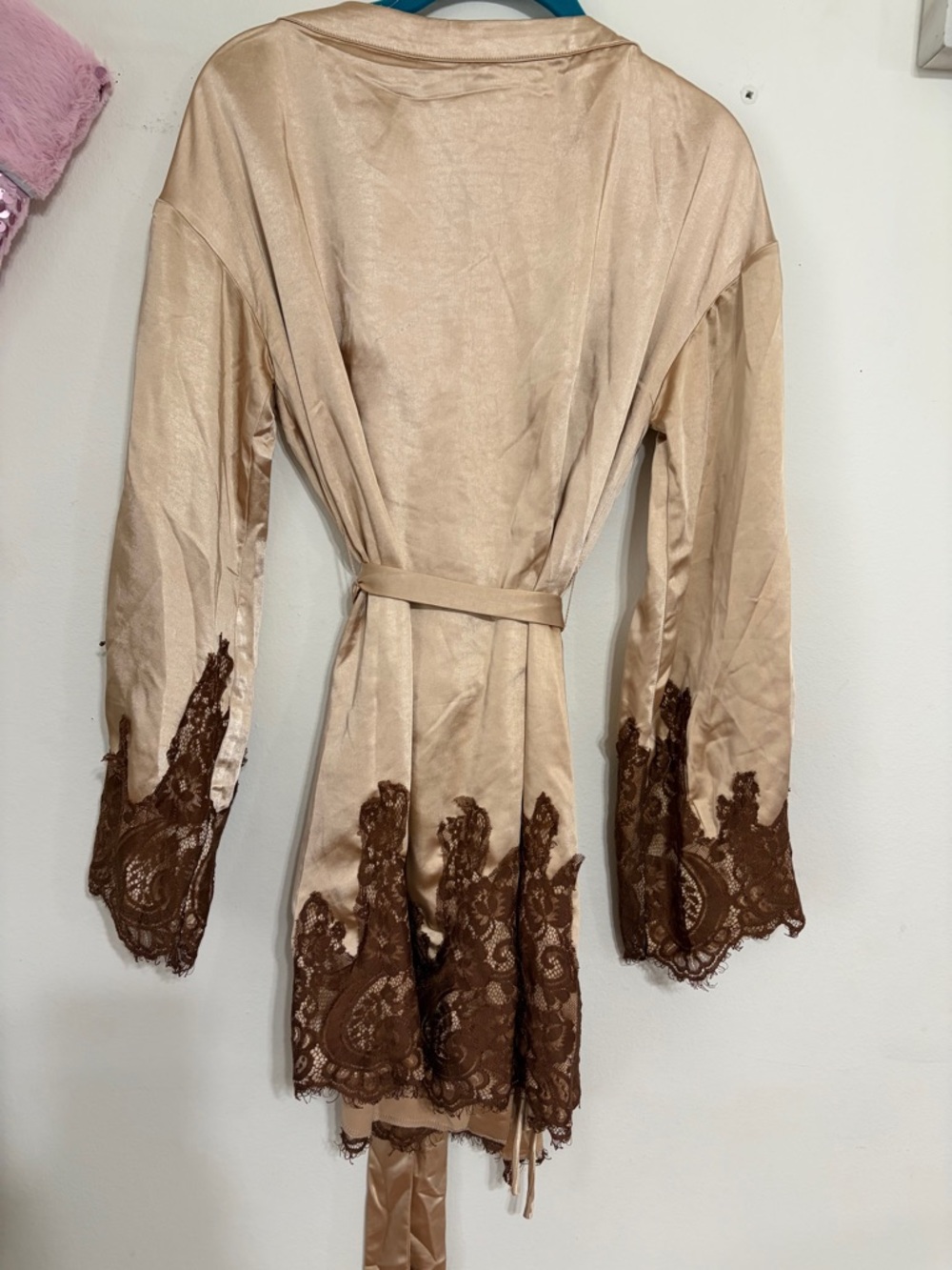12th Tribe Beige Wrap Robe with Brown Lace Trim - Picture 12 of 16